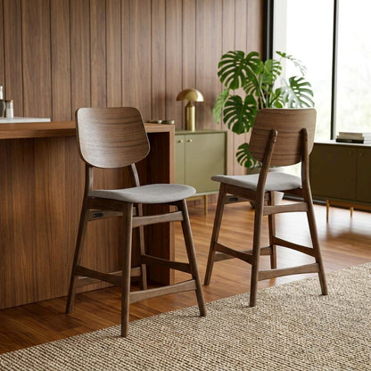 Solid Wood Counter Stools with Upholstered Seat, Dark Gray, Set of 2