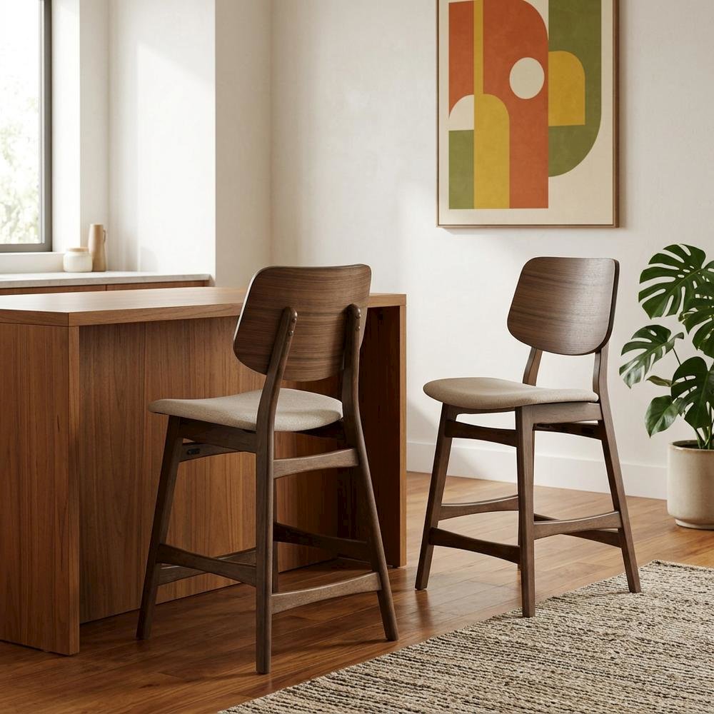 Wood Upholstered Counter Height Bar Stools for Kitchen Island, Walnut, Set of 2