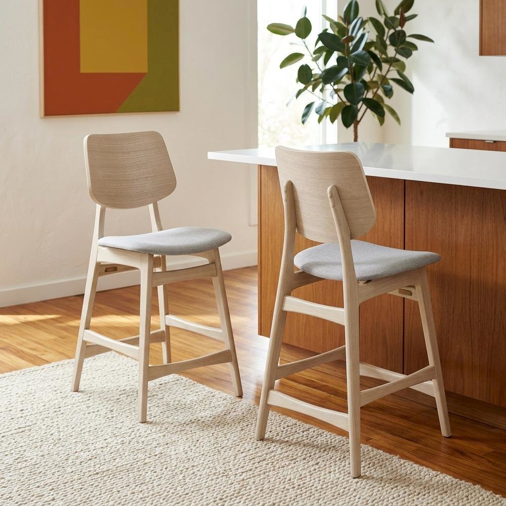 Wood Upholstered Counter Bar Stools for Kitchen Island, White Ash, Set of 2