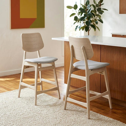 Wood Upholstered Counter Bar Stools for Kitchen Island, White Ash, Set of 2