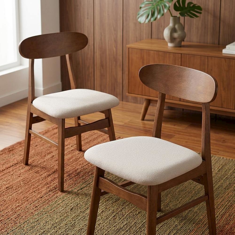 Mid-Century Modern Wood Dining Chair with Cushioned Seat, Beige, Set of 2