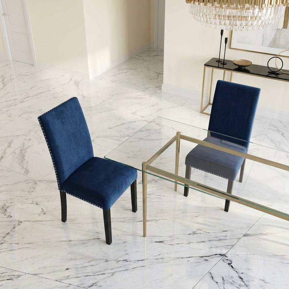 Velvet Upholstered Dining Chair with Wood Legs for Dining Room, Blue, Set of 2