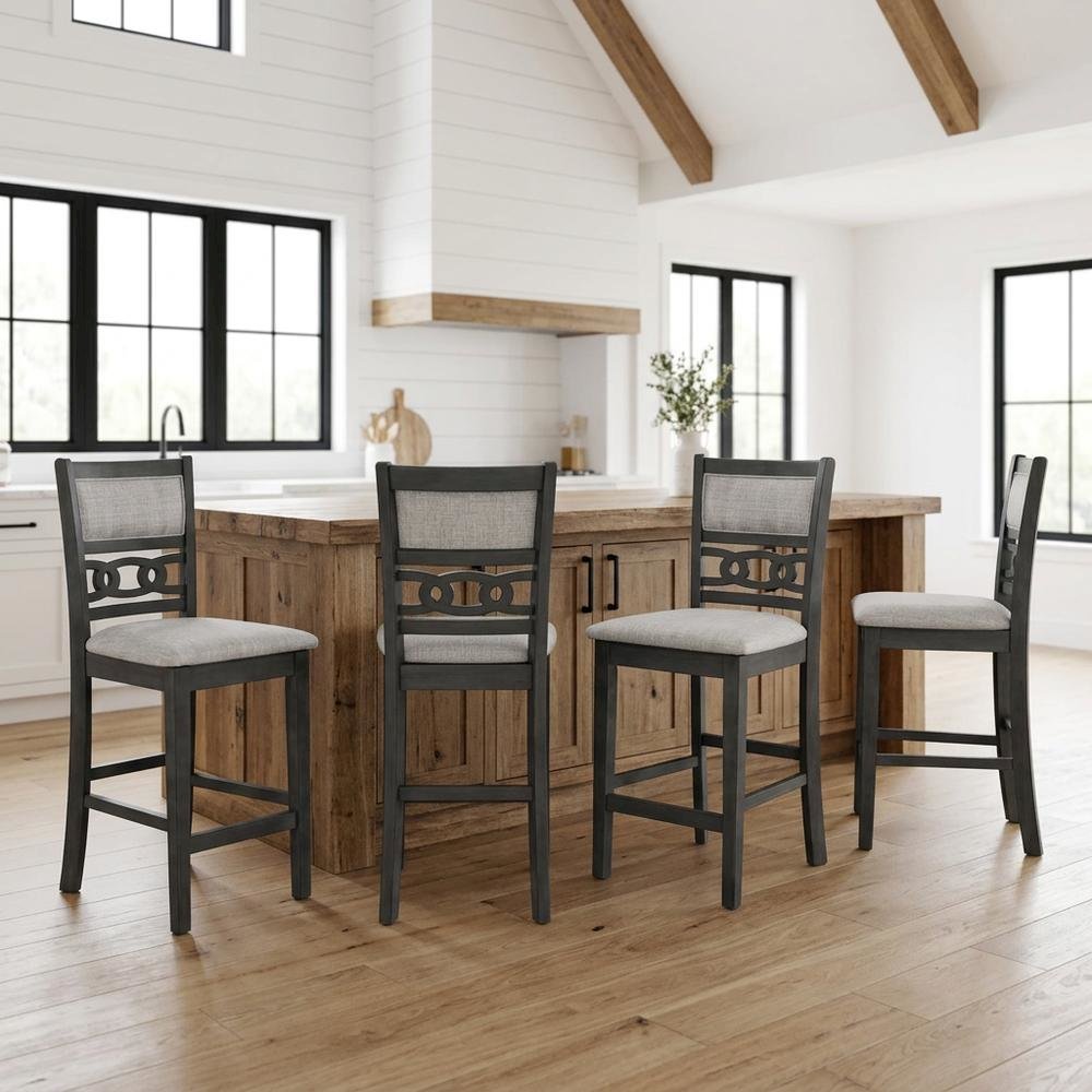 Solid Wood Counter Height Bar Stools, Upholstered Back, Gray, Set of 4