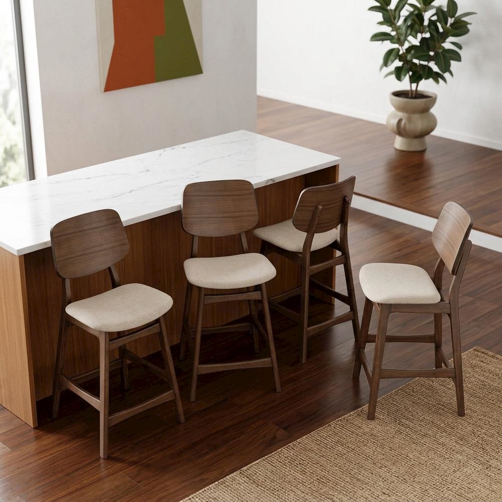 Upholstered Solid Wood Counter Height Bar Stools, Natural Beige, Set of 4