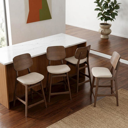 Upholstered Solid Wood Counter Height Bar Stools, Natural Beige, Set of 4