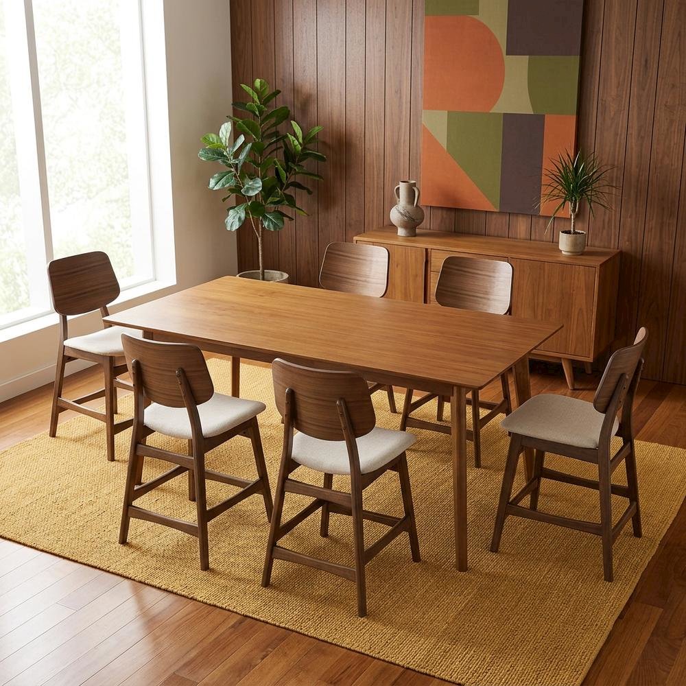 Solid Wood Upholstered Counter Height Bar Stools with Backs, Set of 6
