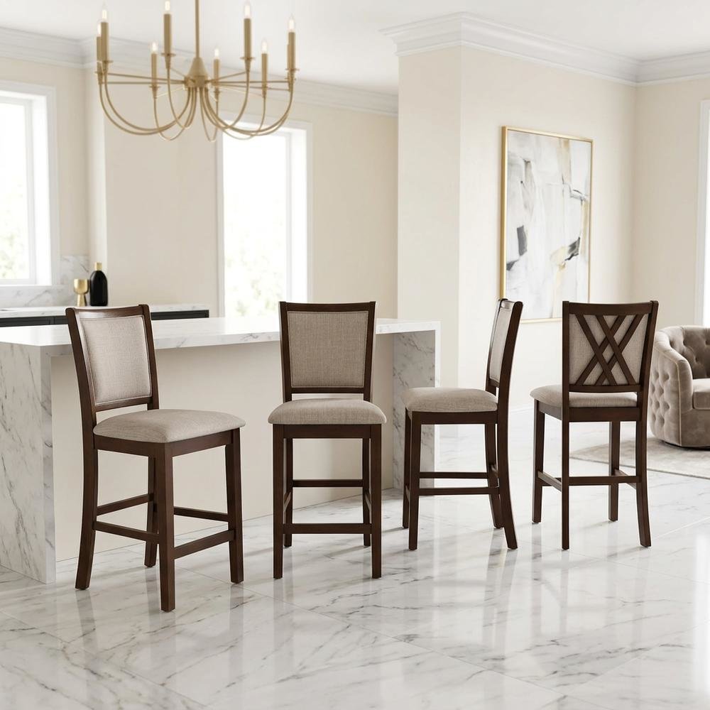 Solid Wood Counter Height Bar Stools with Polyester Upholstered Seats, Set of 4
