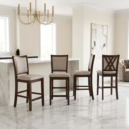 Solid Wood Counter Height Bar Stools with Polyester Upholstered Seats, Set of 4