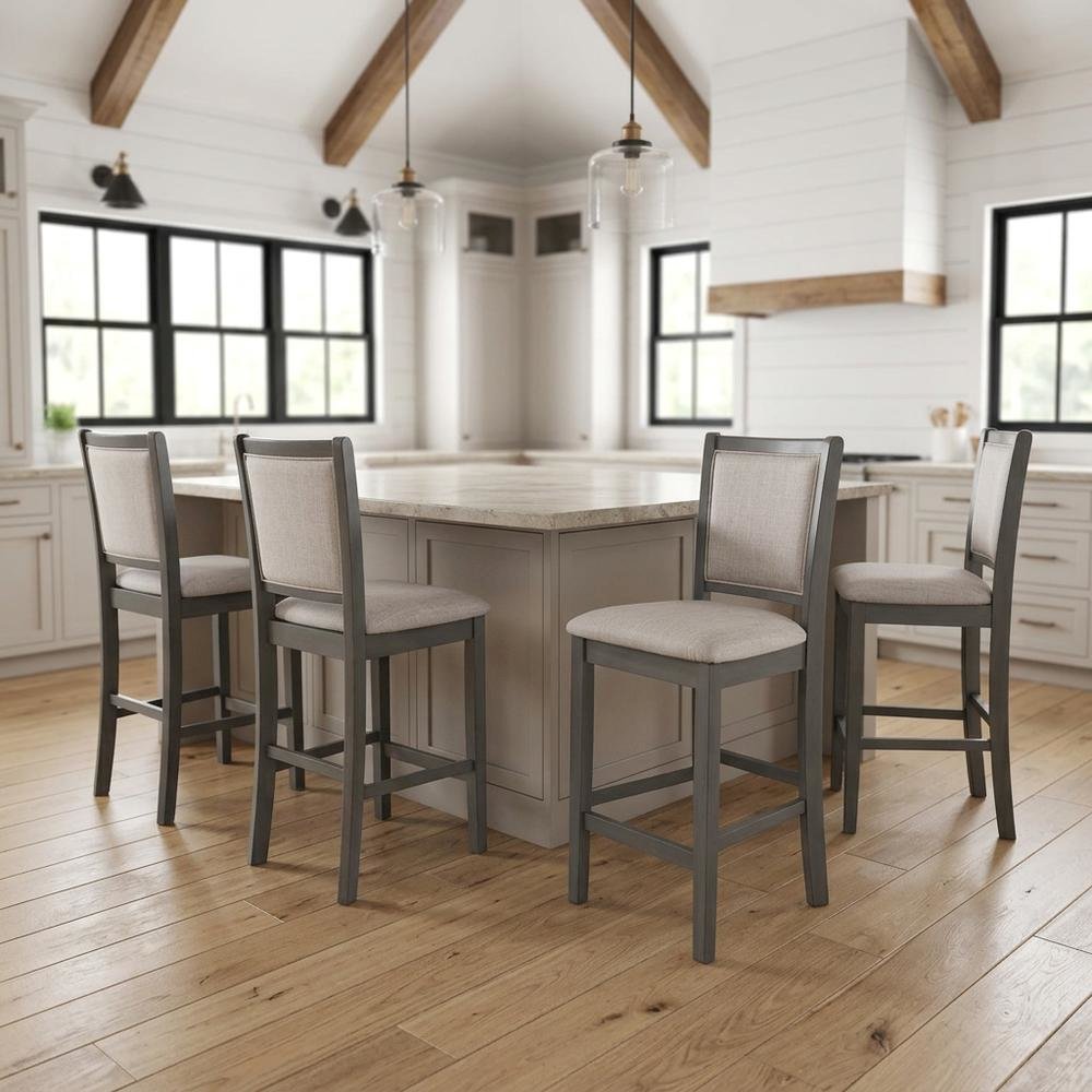 Solid Wood Counter Height Bar Stools with Polyester Upholstered Seats, Set of 4
