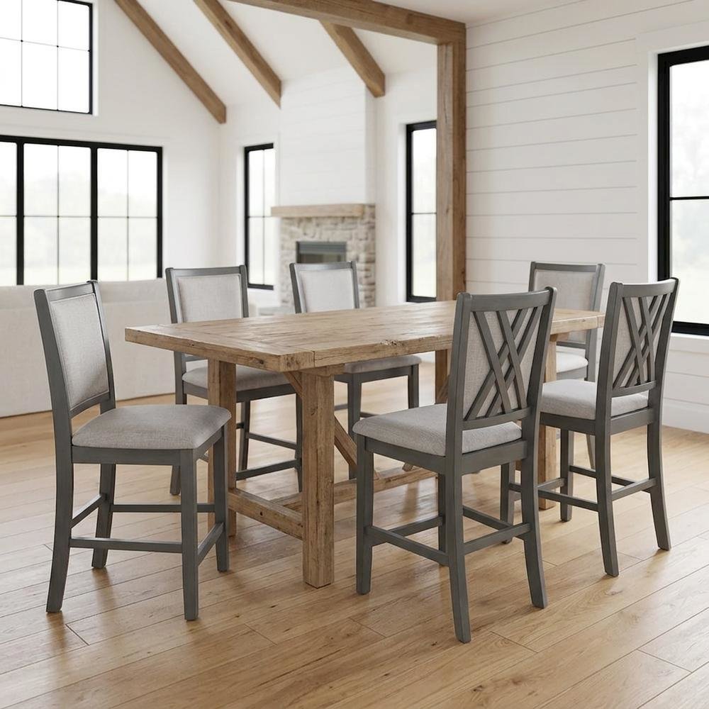 Solid Wood Counter Height Bar Stools with Polyester Upholstered Seats, Set of 6