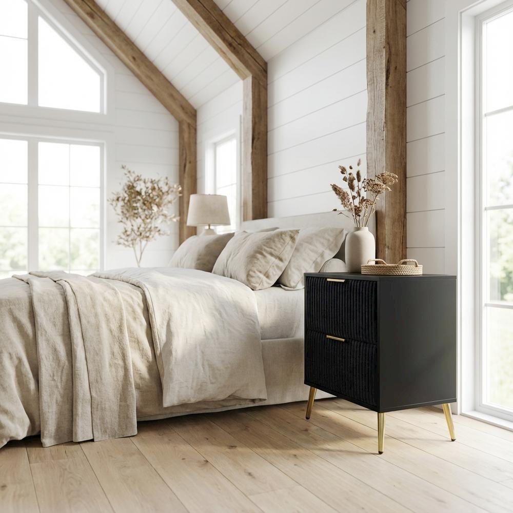 Black Bedroom Nightstand with Gold Legs and Storage Drawer
