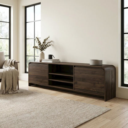 Walnut Wood TV Stand with Solid Rubberwood and Veneers for Indoor Living