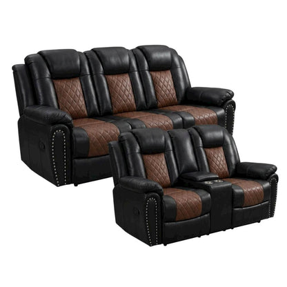 Faux Leather Manual Reclining Sofa and Loveseat Set with Storage, Brown