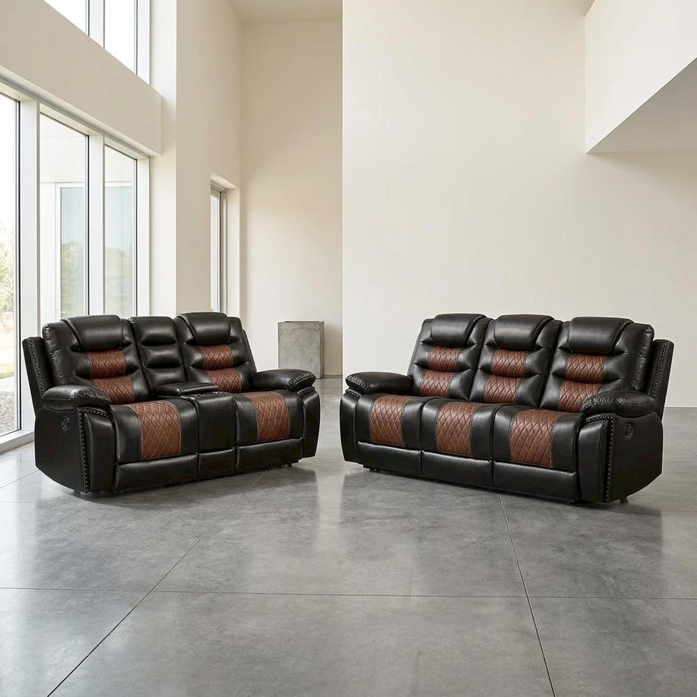 Faux Leather Manual Reclining Sofa and Loveseat Set with Storage, Brown