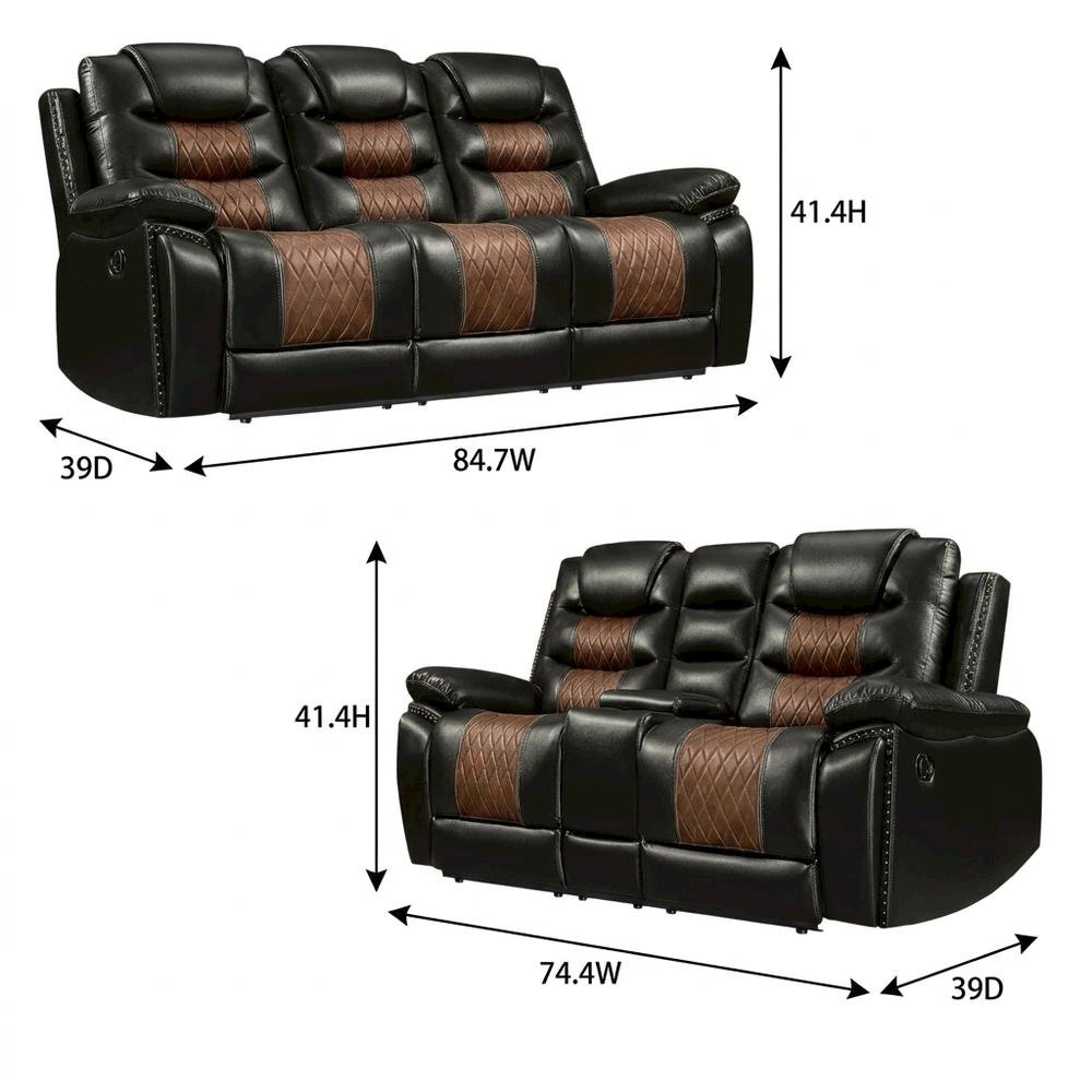 Faux Leather Manual Reclining Sofa and Loveseat Set with Storage, Brown