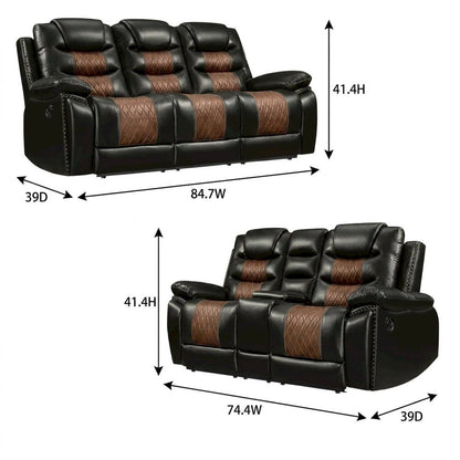 Faux Leather Manual Reclining Sofa and Loveseat Set with Storage, Brown