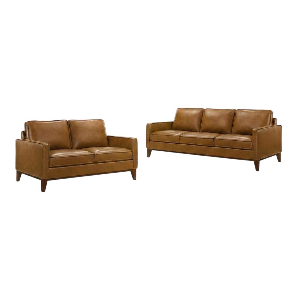 Top Grain Leather Sofa and Loveseat Set for Living Room, Brown