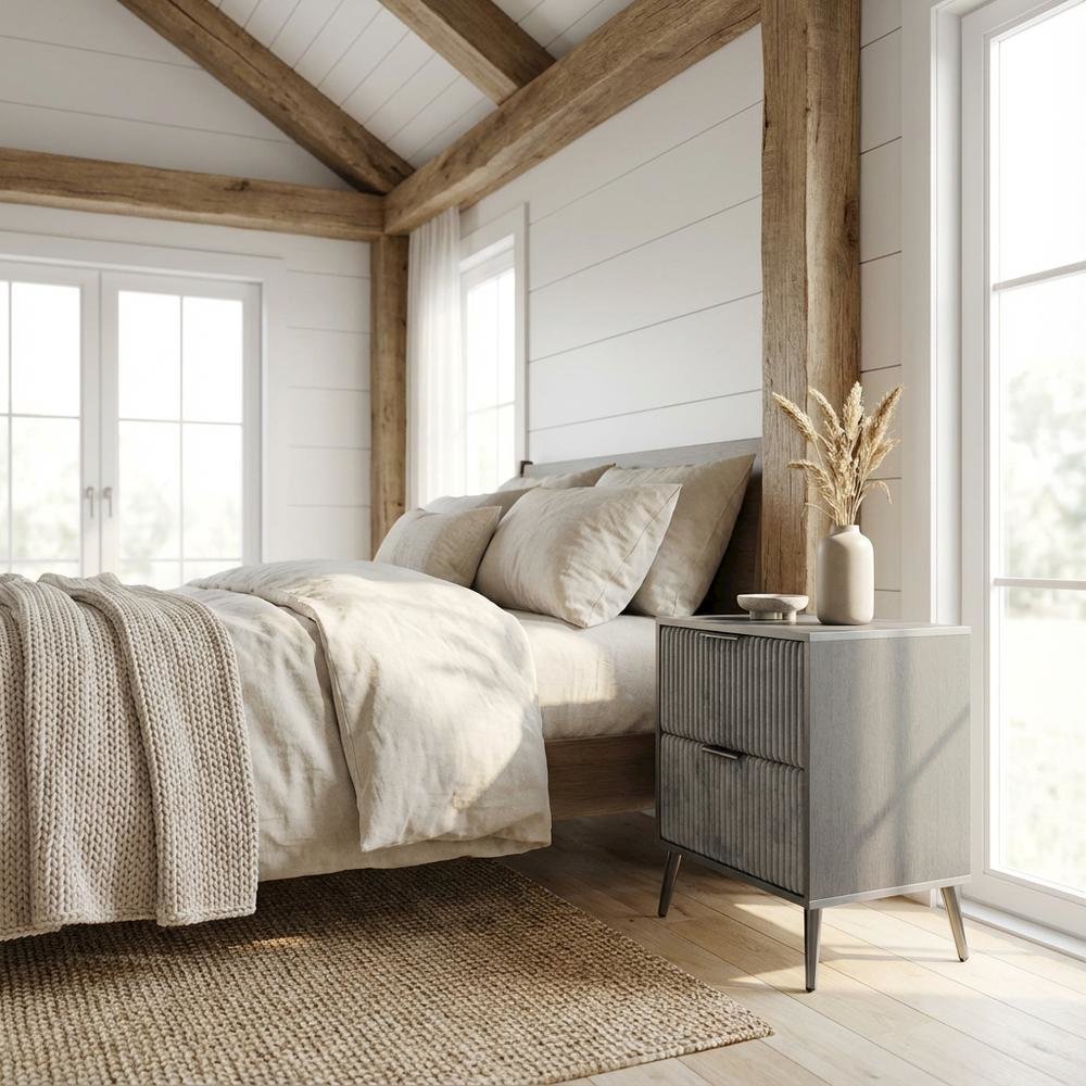 Gray Nightstand with Modern Design and Center Drawer Glide Mechanism