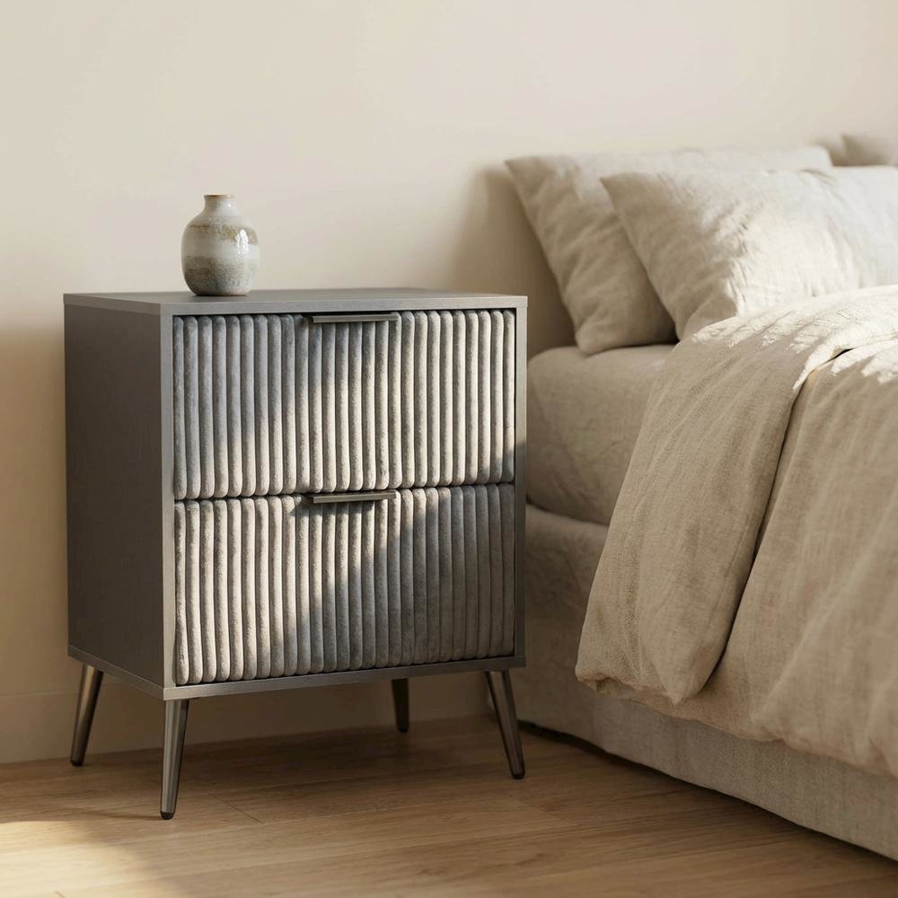 Gray Nightstand with Modern Design and Center Drawer Glide Mechanism