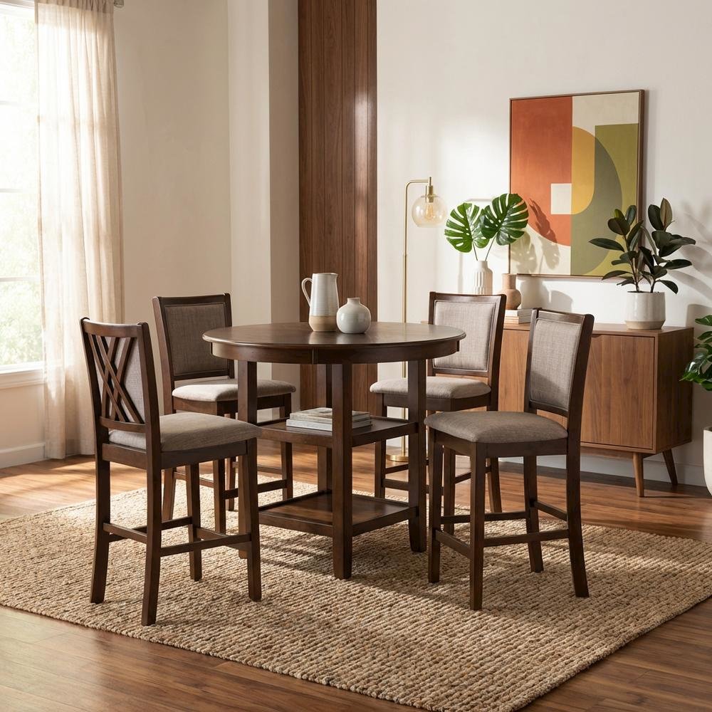 Farmhouse 5 Piece Dining Table Set, Round Kitchen Table,Chairs for 4 in Brown