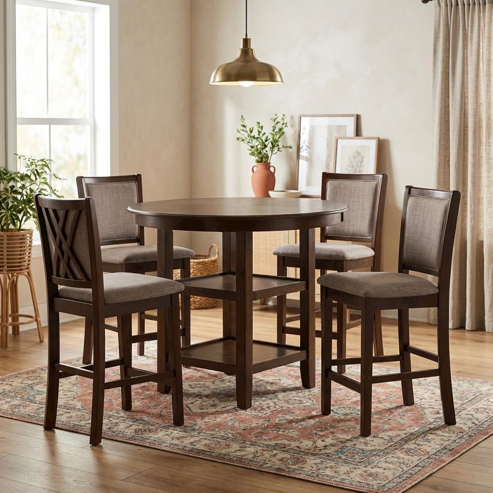 Farmhouse 5 Piece Dining Table Set, Round Kitchen Table,Chairs for 4 in Brown
