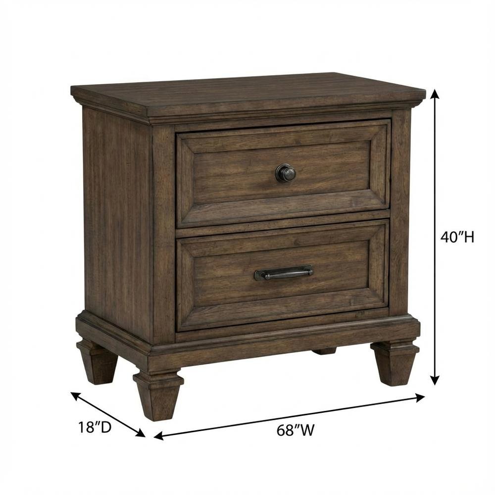 Vintage Mocha Wood Nightstand with 2 Drawers and Rectangular Shape