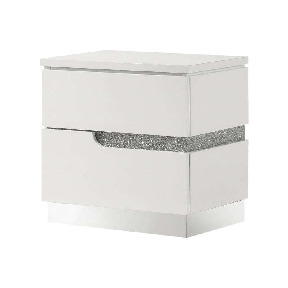 Glam White Nightstand with High-Gloss Finish and Ball Ing Drawers