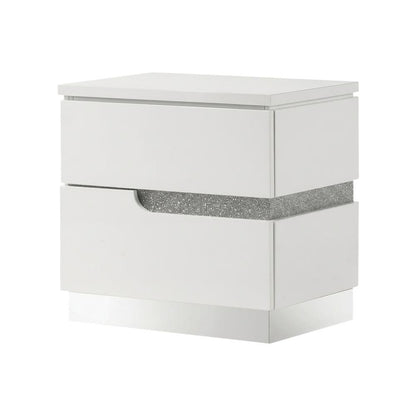 Glam White Nightstand with High-Gloss Finish and Ball Ing Drawers