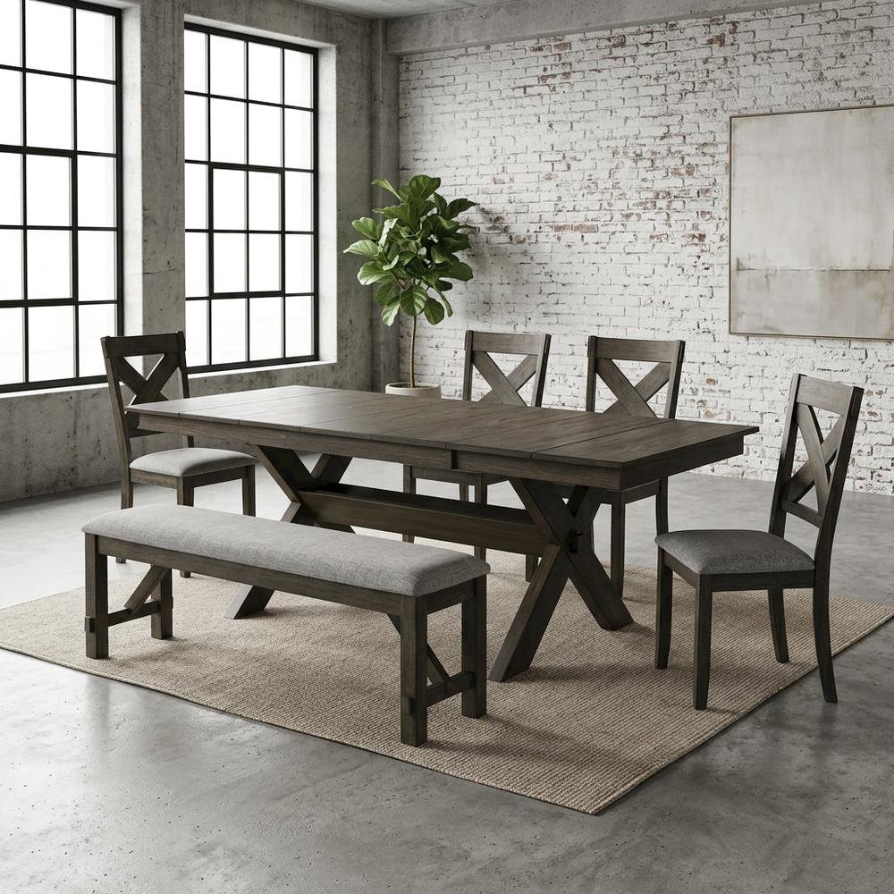 Solid Wood Dining Table Set with Chairs and Bench for Dining Room, Brown