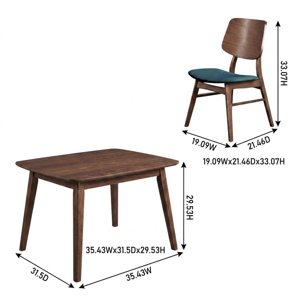 Solid Wood Corner Table Dining Set with Fabric-Upholstered Side Chairs, Teal