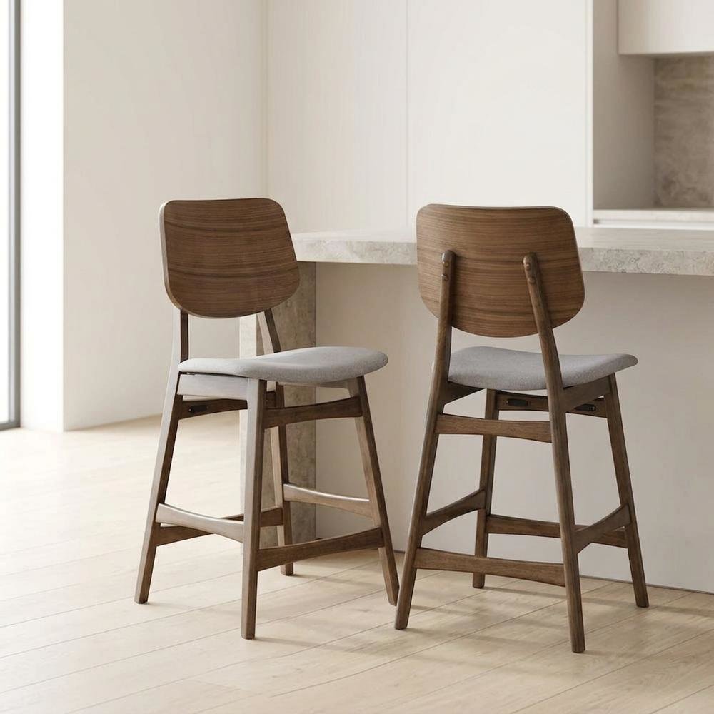 Solid Wood Counter Stools with Upholstered Seat, Dark Gray, Set of 2