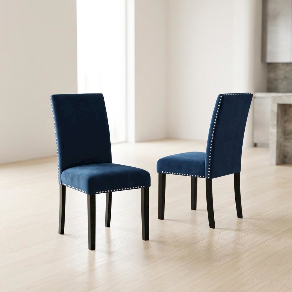 Velvet Upholstered Dining Chair with Wood Legs for Dining Room, Blue, Set of 2