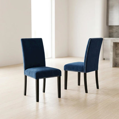 Velvet Upholstered Dining Chair with Wood Legs for Dining Room, Blue, Set of 2