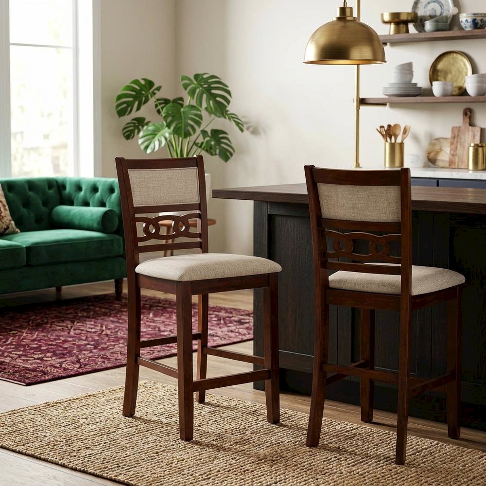 Solid Wood Counter Height Bar Stools, Upholstered Back, Cherry, Set of 4