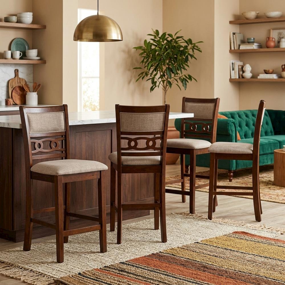 Solid Wood Upholstered Counter Height Dining Chairs, Cherry, Set of 6