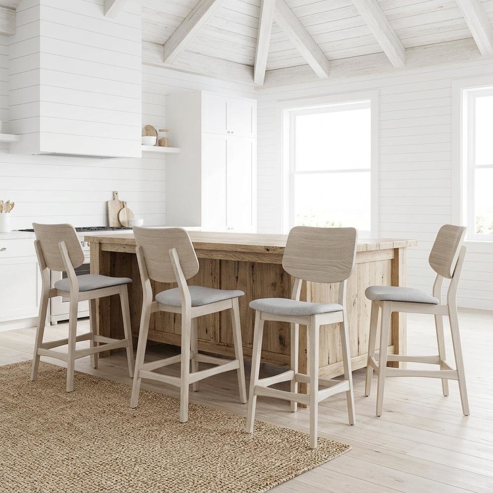 Upholstered Solid Wood Counter Height Stools with Back, Gray, Set of 4