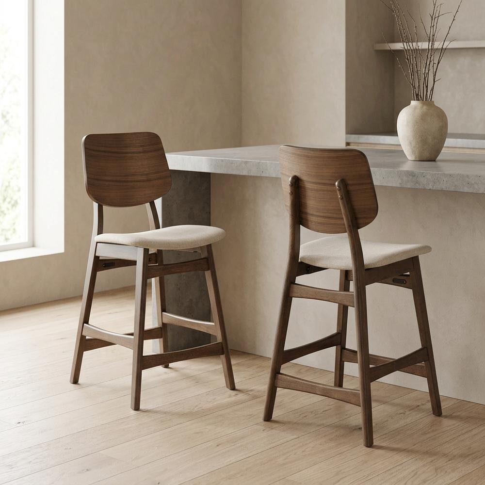 Upholstered Solid Wood Counter Height Bar Stools, Natural Beige, Set of 4