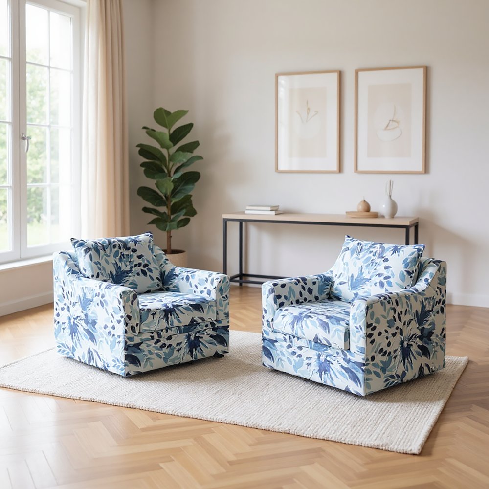 Sylvie Fabric Swivel Chair in Blue and White (Set of 2)