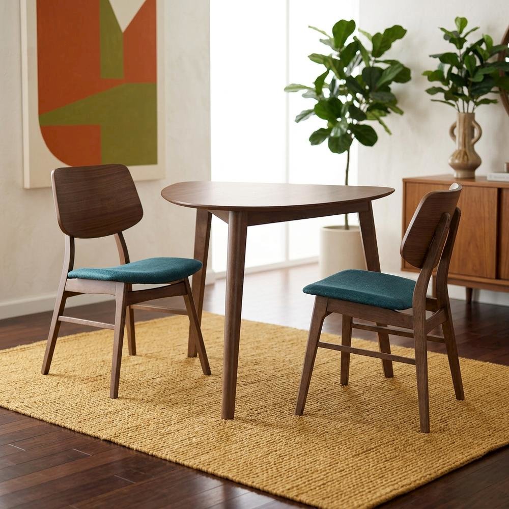Solid Wood Corner Table Dining Set with Fabric-Upholstered Side Chairs, Teal