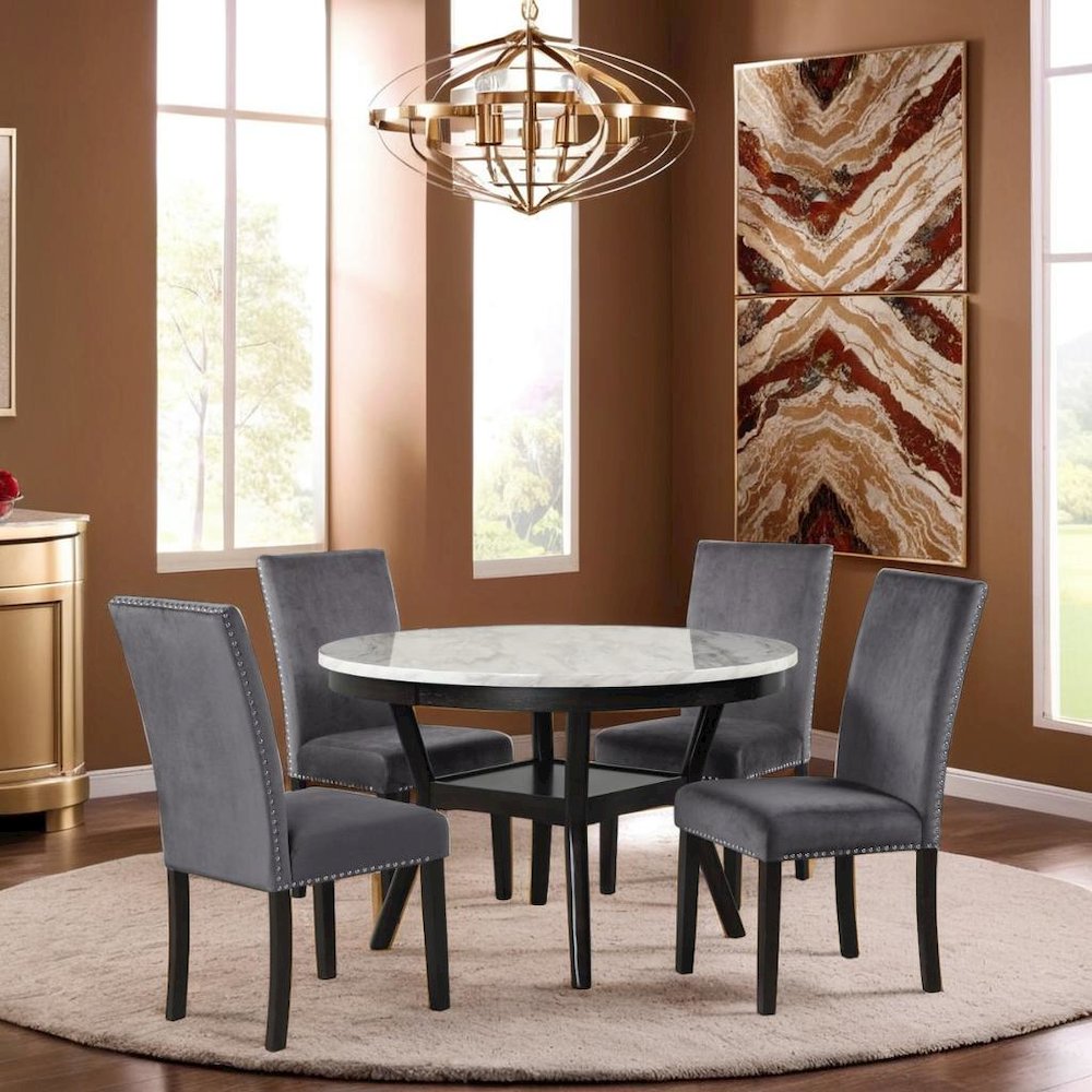 Elegant 5-Piece Faux Marble Round Dining Set with 4 Chairs in Gray