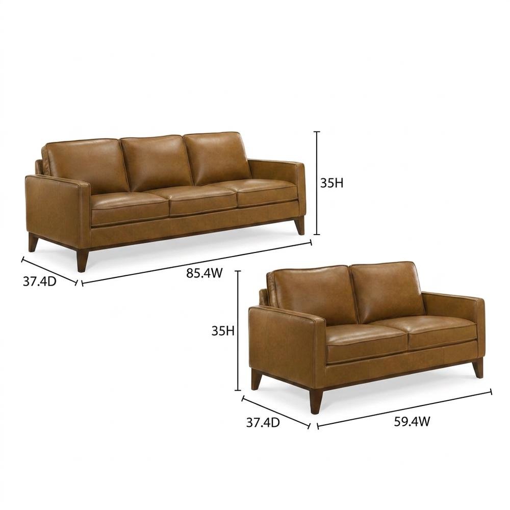 Top Grain Leather Sofa and Loveseat Set for Living Room, Brown