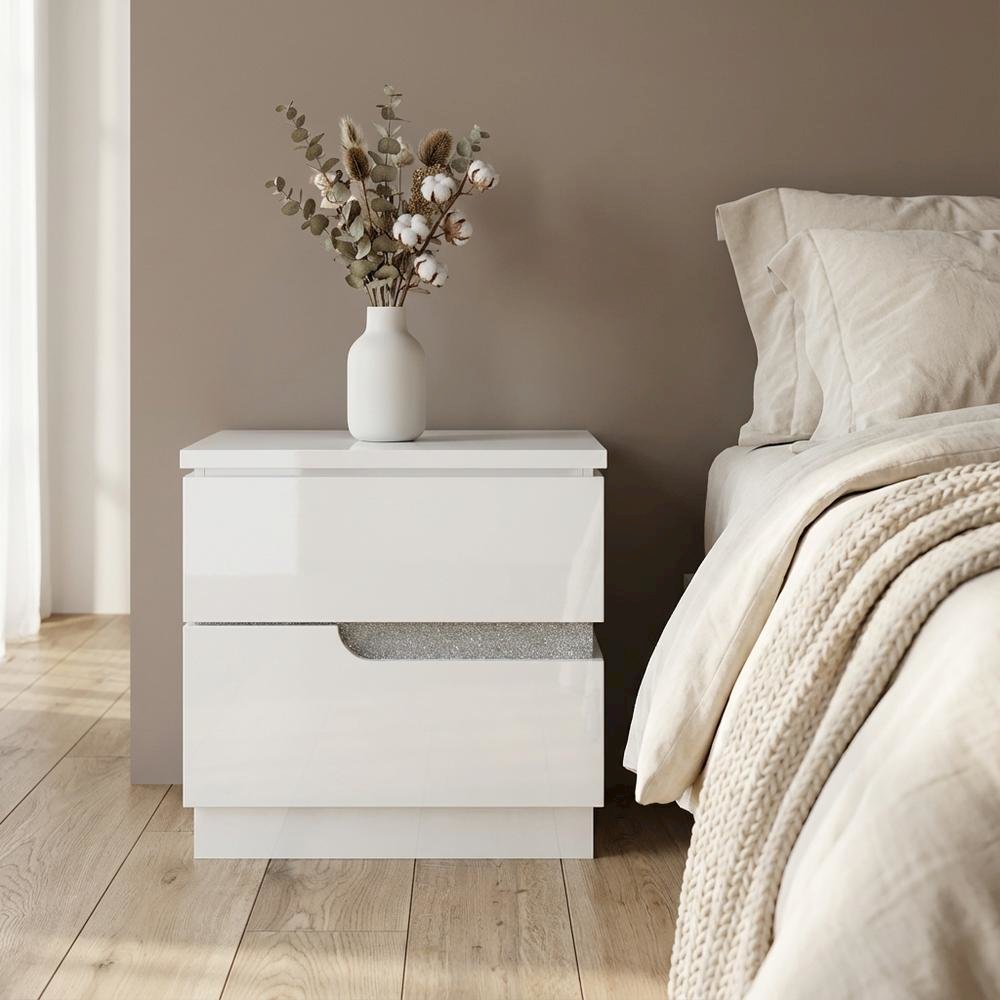 Glam White Nightstand with High-Gloss Finish and Ball Ing Drawers