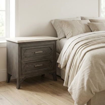 Gray Marble Top Nightstand with Painted Finish and Brushed Nickel Handle