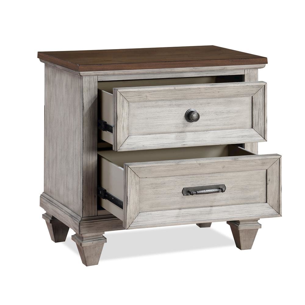 Beige Wooden Nightstand with USB Ports Farmhouse Style Vintage Bed Side Table
