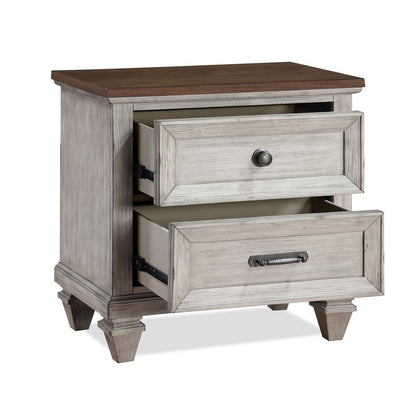 Beige Wooden Nightstand with USB Ports Farmhouse Style Vintage Bed Side Table