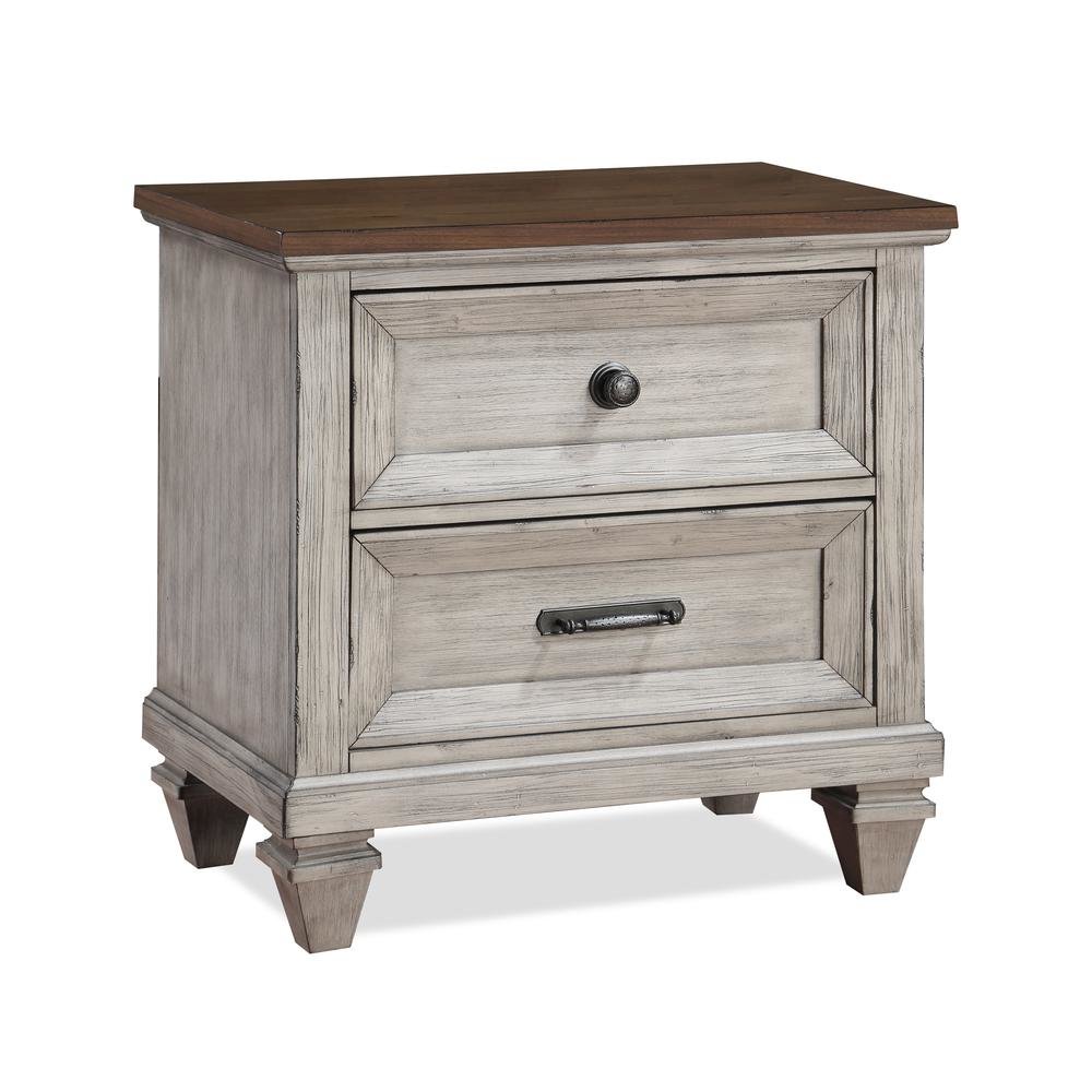 Beige Wooden Nightstand with USB Ports Farmhouse Style Vintage Bed Side Table