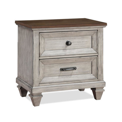 Beige Wooden Nightstand with USB Ports Farmhouse Style Vintage Bed Side Table