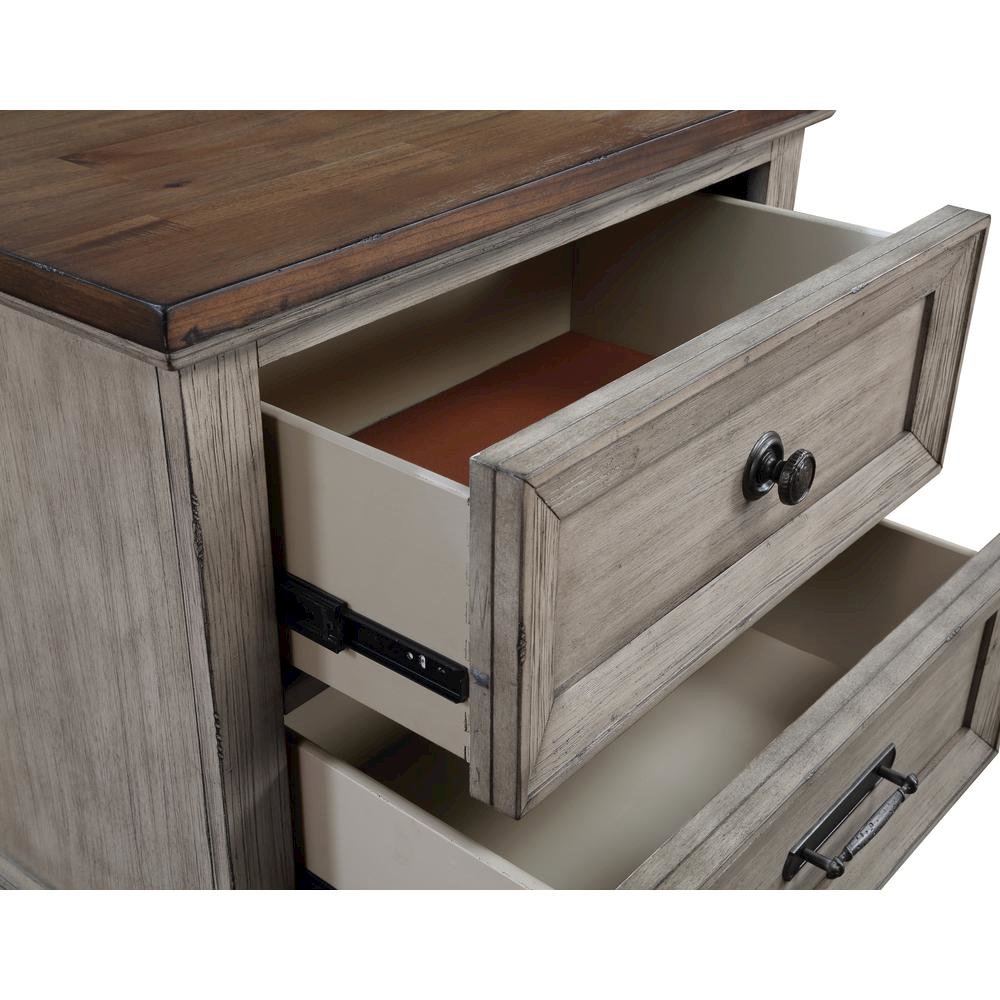 Beige Wooden Nightstand with USB Ports Farmhouse Style Vintage Bed Side Table