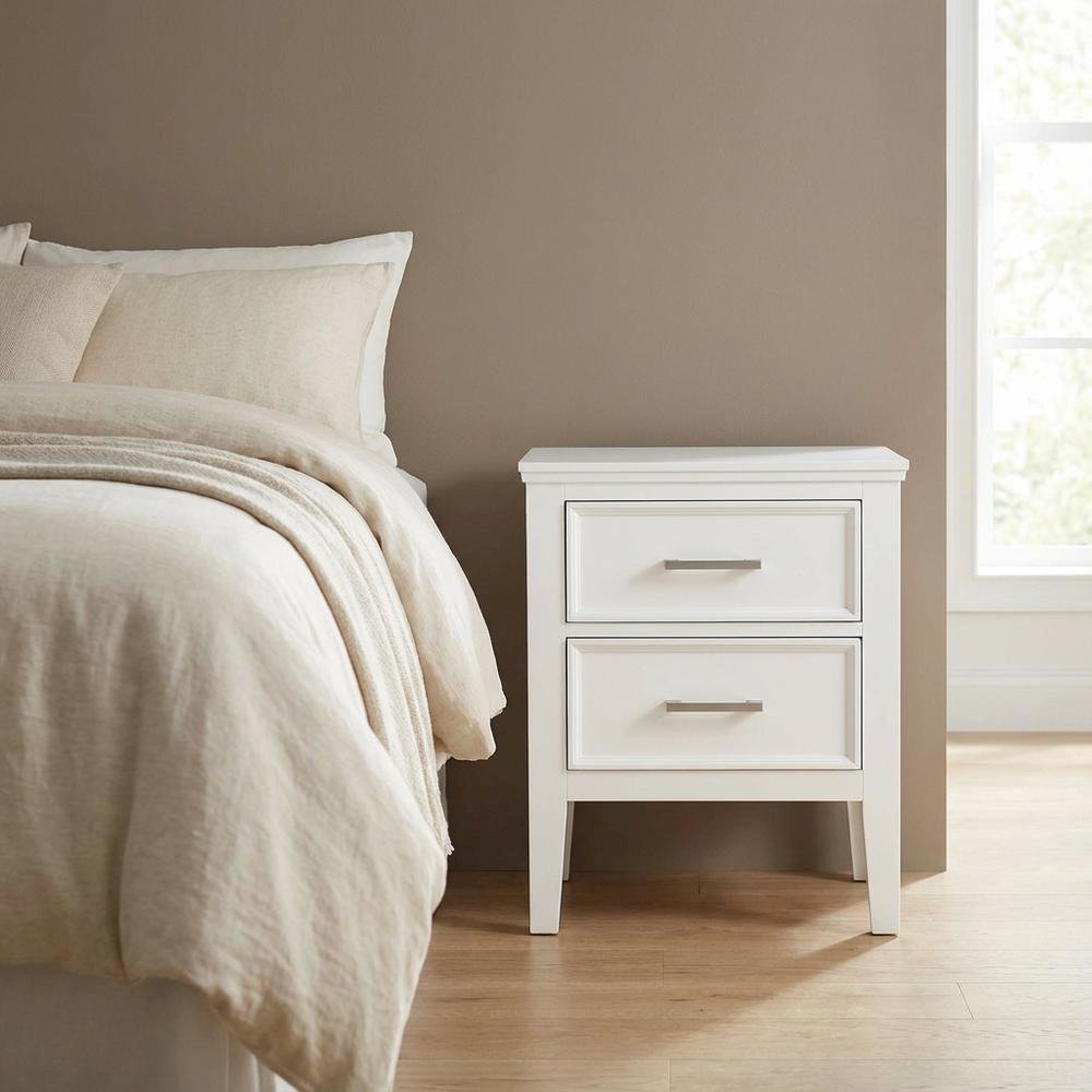 White Wood Nightstand with 2 Drawers, Modern Bedroom Storage