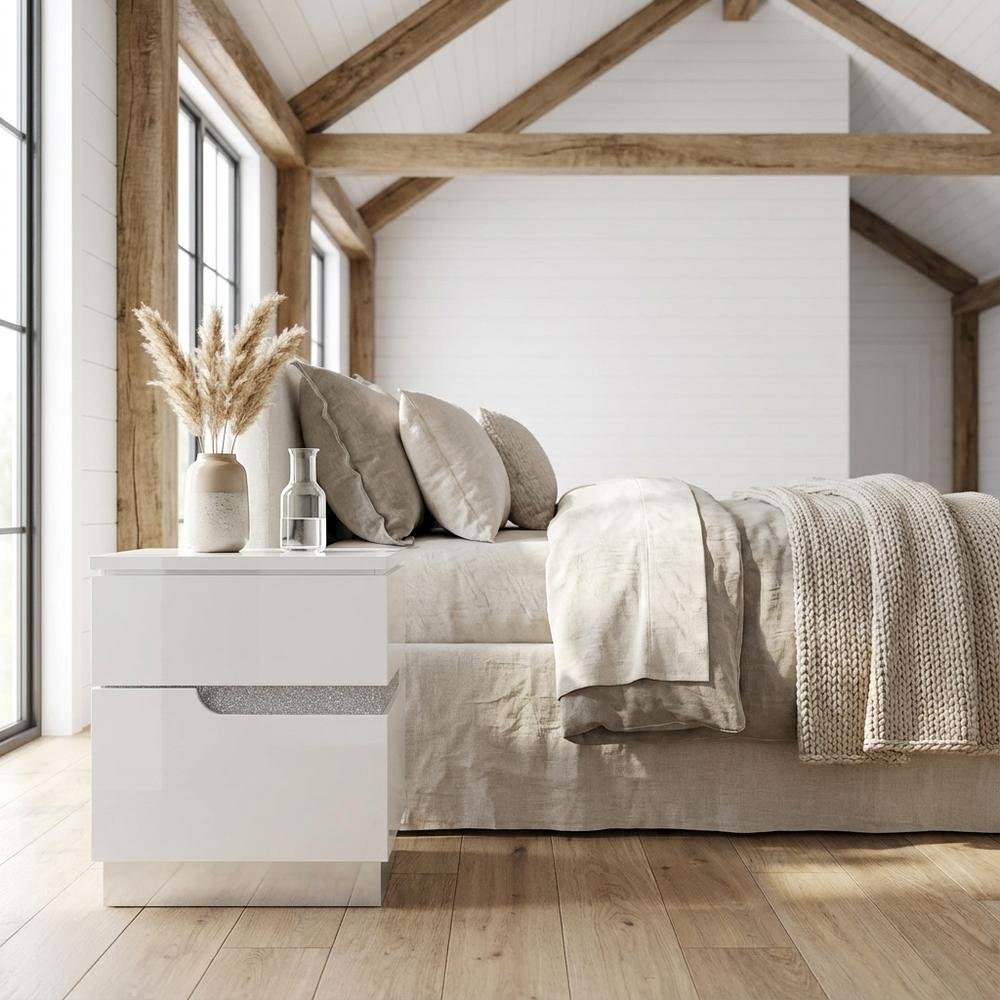 Glam White Nightstand with High-Gloss Finish and Ball Ing Drawers